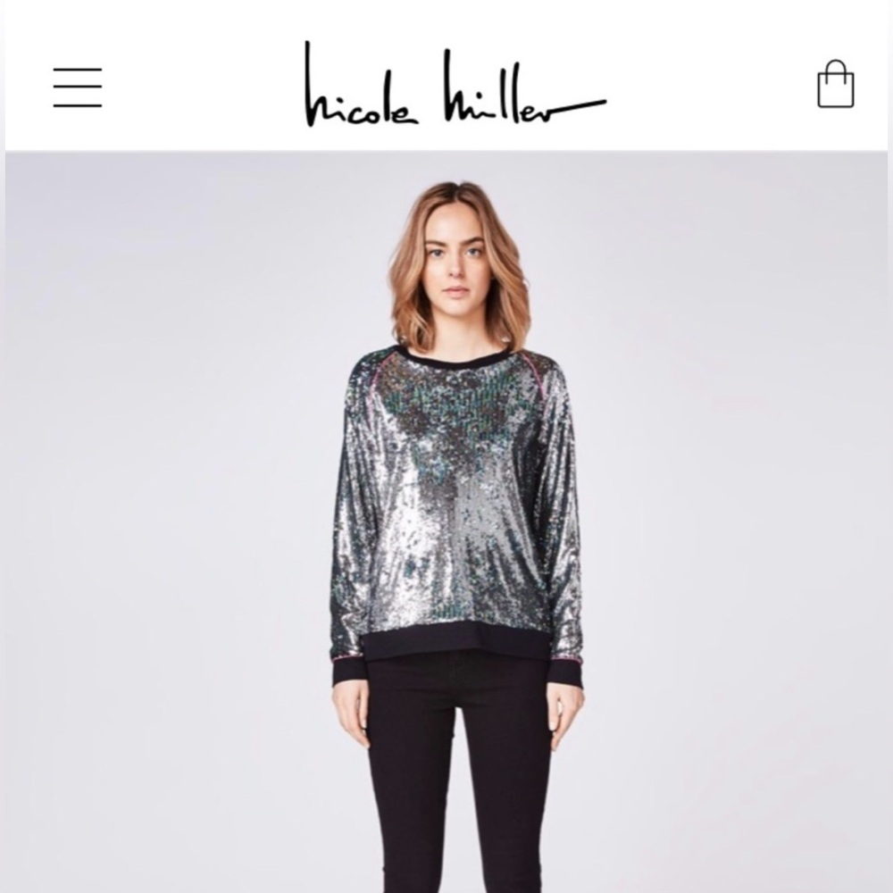 Nicole Miller Shimmering Silver Sequin Sweatshirt - Size Small